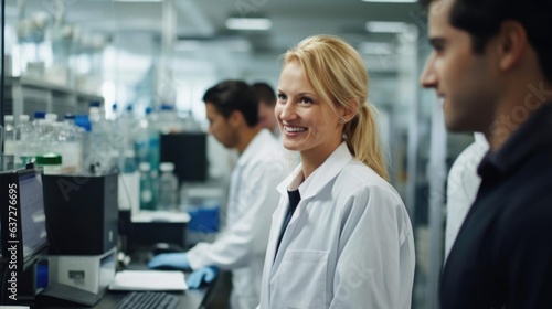Smiling blonde female researcher talking to her colleagues