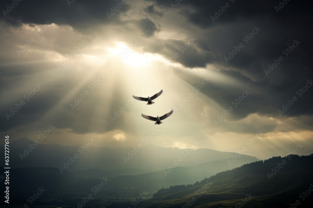 Fototapeta premium Stormy landscape with light rays crossing the clouds and the horizon, and a bird flying at a high altitude