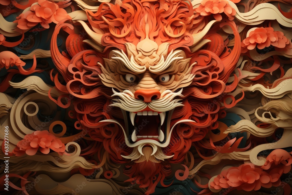 Fototapeta premium Chinese new year concept paper art style background. Dragon and cherry blossom red background.