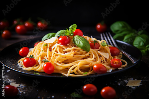 Pasta. Italian Homemade Spaghetti with Parmesan and tomatoes