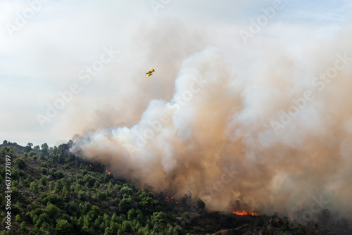 Avião no combate ao incêndio florestal sobrevoando as labaredas que deixam muito fumo no ar