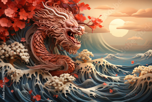 Chinese new year concept paper art style background. Dragon and cherry blossom red background. © ant