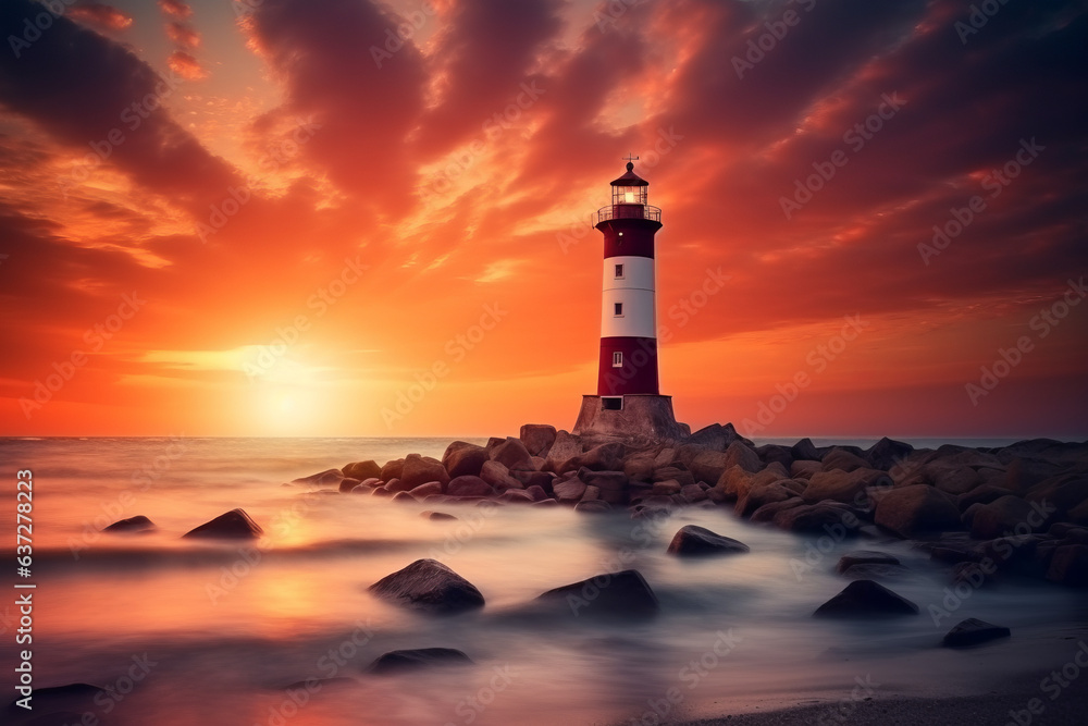 Beautiful lighthouse by the ocean at sunset