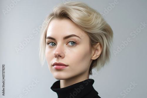 a woman with a short blond haircut and a turtle neck