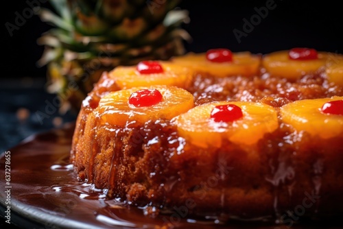 A pineapple upside down cake on a plate, created by Generative AI