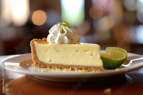 A slice of key lime pie on a plate, created by Generative AI photo