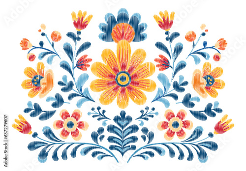 Mexican flower traditional pattern background. Mexican ethnic embroidery decoration ornament. Flower symmetry texture. Ornate folk graphic, wallpaper. Festive mexican floral motif. Vector illustration