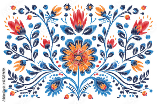 Mexican flower traditional pattern background. Mexican ethnic embroidery decoration ornament. Flower symmetry texture. Ornate folk graphic, wallpaper. Festive mexican floral motif. Vector illustration