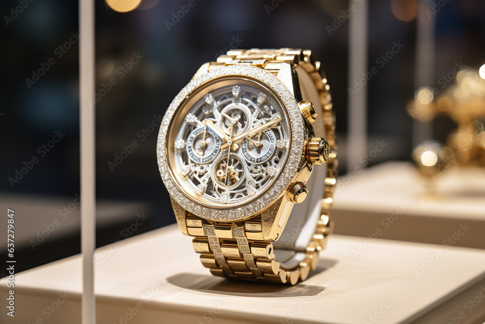 In a setting of opulence, a high-end watch adorned with diamonds stands out as it rests on a pedestal, beckoning the gaze of onlookers In a setting of opulence, a high-end watch adorned with diamonds stands out as it rests on a pedestal, beckoning the gaze of onlookers