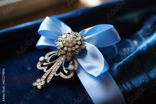 A vintage brooch, encrusted with diamonds, punctuates the deep blue hue of a satin ribbon, echoing tales of royalty and grandeur