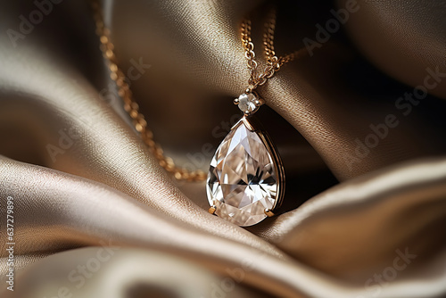 A tear-shaped diamond pendant, glistening with purity and clarity, lies gracefully against the gentle folds of a soft silk fabric