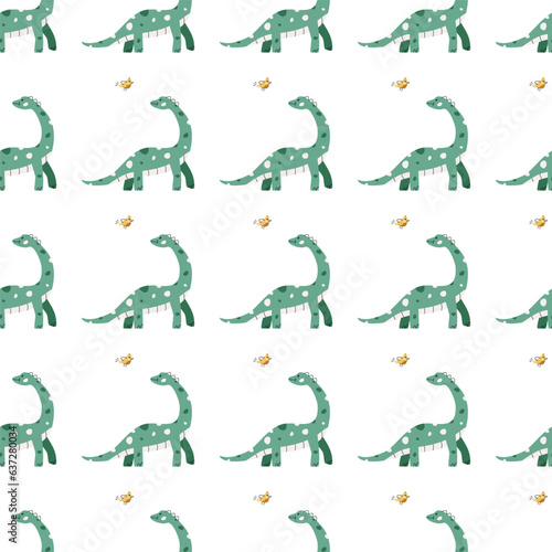 Vector seamless pattern with dinosaur and bird © stasylionet