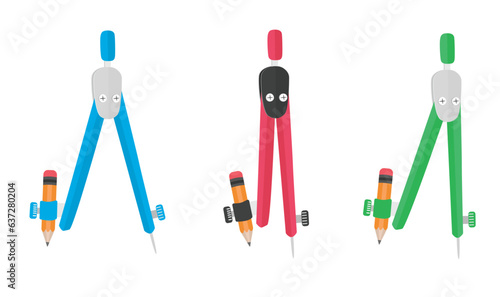 School compass vector illustration. Compass clip art. Tool for drawing circle. Office or School supplies, stationery vector. Educational object. Back to schoool concept. Flat vector in cartoon style.