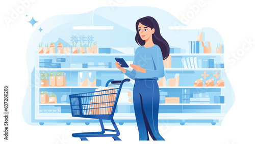 Woman Holding And Using Smartphone Buying Food Groceries Walking In Supermarket With Trolley Cart. Female Customer Shopping With Checklist. Flat Vector Illustration.