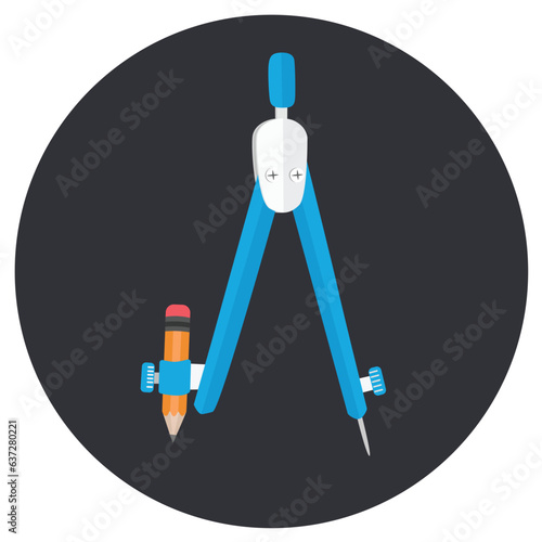 School compass vector illustration. Compass clip art. Tool for drawing circle. Office or School supplies, stationery vector. Educational object. Back to schoool concept. Flat vector in cartoon style.