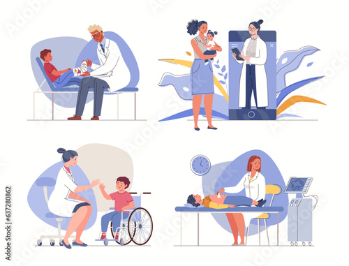 Patients on reception at doctors of narrow specialization and pediatrician. Diagnosis of children's health. In physician's office for medical examination. Vector characters flat cartoon illustrations.