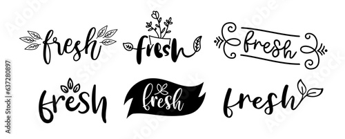 Fresh typography logo set. Design fresh icon with leaf. Fresh vector sign word. Design food market poster, flyer, banner. Hand drawn calligraphy text. Signboard icon fresh.