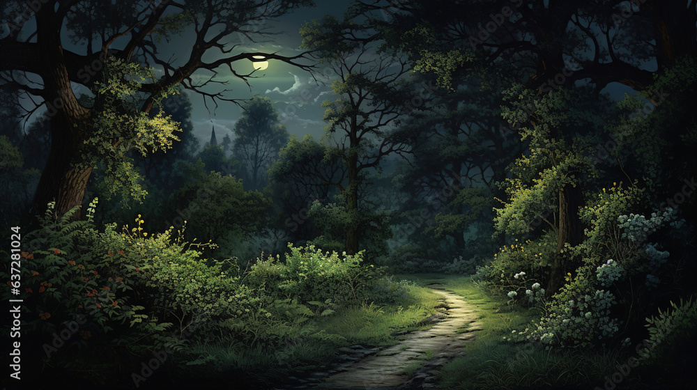 Moonlight Trail in the Enchanted Forest.Generative Ai