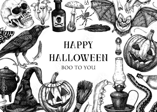 Vintage Halloween frame design. Hand drawn vector illustrations. Skull, bones, Halloween pumpkin, poisonous mushrooms, snakes, raven witch sketches. Halloween party invitation, card template, banner