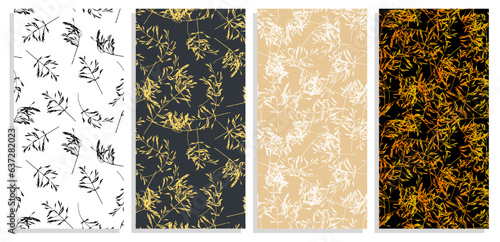 Set of vertical cereal grass leaves silhouettes flyers with Autumn fallen field grass seamless patterns. Templates for invitation, banners, brochures print. Vector on black and white