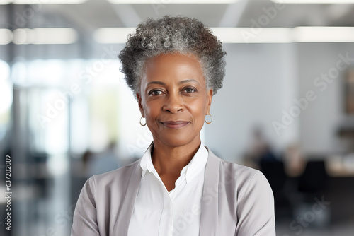 portrait of a black businesswoman with blurry group in the background, ai generated
