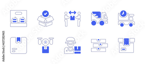 Delivery icon set. Duotone style line stroke and bold. Vector illustration. Containing coffee, purchase, delivery, express delivery, fast delivery, product, drone, delivery boy, delivery box.