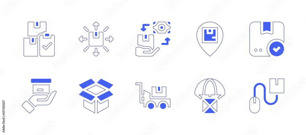 Delivery icon set. Duotone style line stroke and bold. Vector illustration. Containing verification, distribution, pay, location, approve, logistics, open box, trolley, box, click.