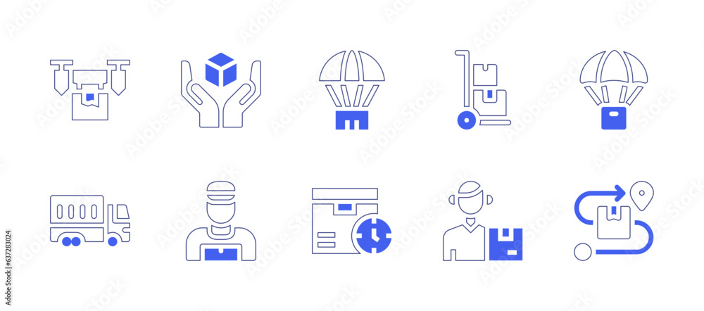 Delivery icon set. Duotone style line stroke and bold. Vector illustration. Containing drone, package, parachute, packing, truck, courier, fast delivery, delivery, route.