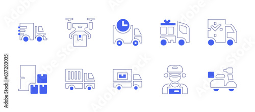 Delivery icon set. Duotone style line stroke and bold. Vector illustration. Containing delivery truck, drone delivery, delivery van, home delivery, delivery man, delivery bike.