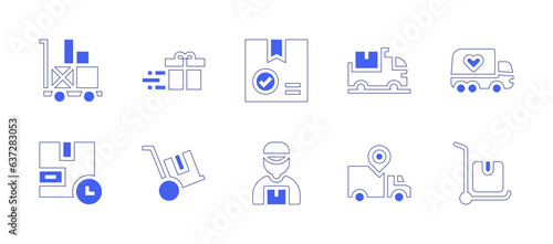 Delivery icon set. Duotone style line stroke and bold. Vector illustration. Containing supplier, gift box, delivery box, delivery truck, delivery, delivery time, delivery man, delivery cart. © Huticon