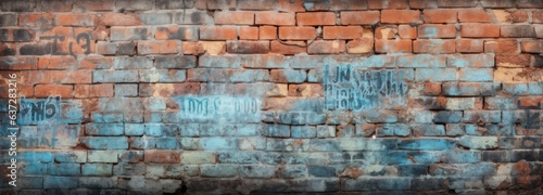 Old wall background with graffiti-marked, discolored bricks