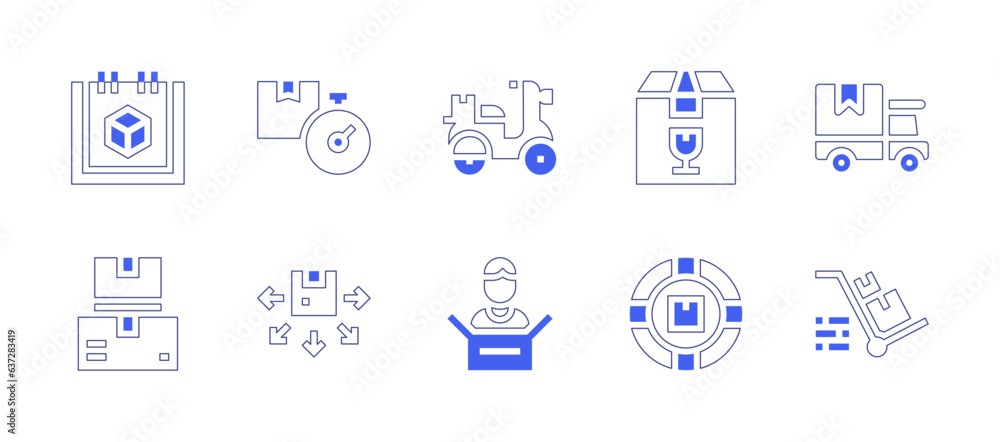 Delivery icon set. Duotone style line stroke and bold. Vector illustration. Containing calendar, delivery time, delivery, fragile, shipping, packages, parcel, trolley.
