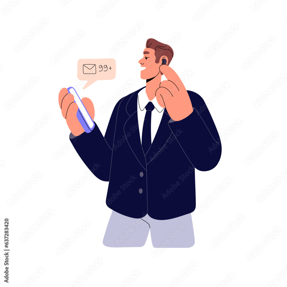 Young man call by headset, wireless headphone. Businessman talk by smartphone, use mobile and get notification. Smart phone showing message, mail. Flat isolated vector illustration on white background Young man call by headset, wireless headphone. Businessman talk by smartphone, use mobile and get notification. Smart phone showing message, mail. Flat isolated vector illustration on white background