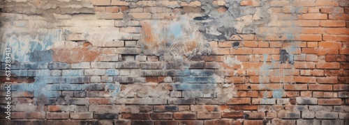 Old wall background with graffiti-marked, discolored bricks photo