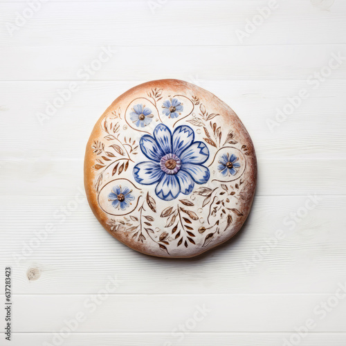 Painted bread, trend sourdough round loaf on board on light wooden table, minimal style aesthetic top view, above view homemade artisan bread with hand painted flowers, generative ai