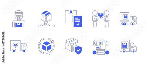 Delivery icon set. Duotone style line stroke and bold. Vector illustration. Containing delivery, launch, box, delivery truck, product, protected, delivery box.