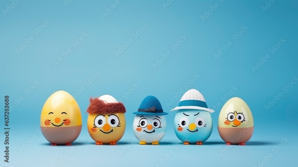 A cute Easter egg family character with hats and faces drawn. Easter holidays concept on blue background with copy space