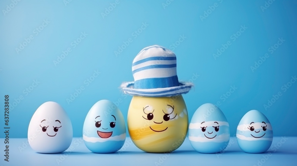 A cute Easter egg family character with hats and faces drawn. Easter holidays concept on blue background with copy space A cute Easter egg family character with hats and faces drawn. Easter holidays concept on blue background with copy space
