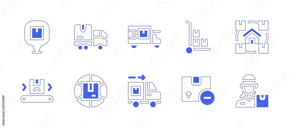 Delivery icon set. Duotone style line stroke and bold. Vector illustration. Containing location, delivery truck, trolley, distribution, logistics, delivery box, remove, courier.