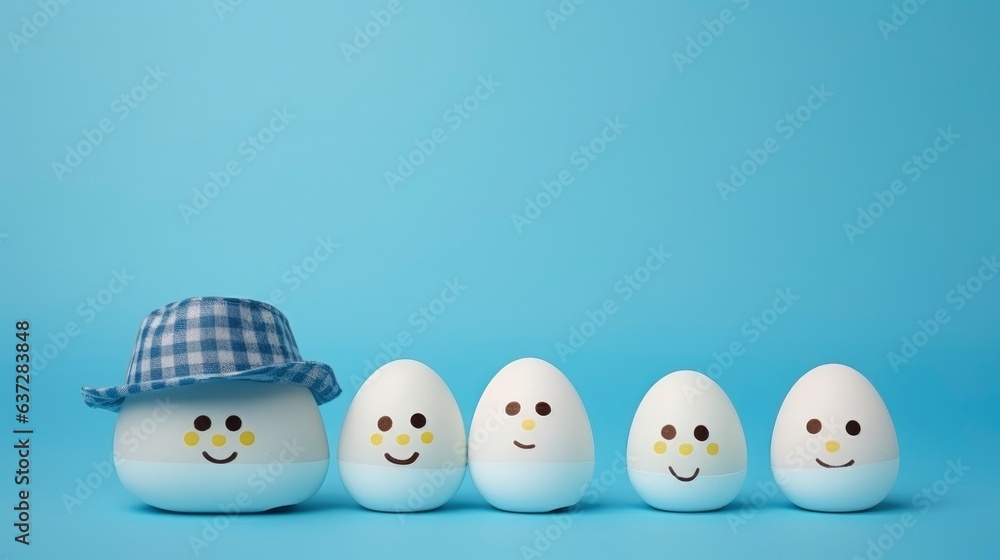 A cute Easter egg family character with hats and faces drawn. Easter holidays concept on blue background with copy space