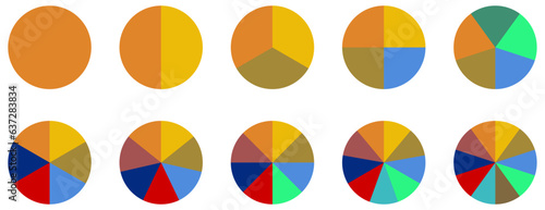 Collection of circle pie chart icons. Colorful diagram with 10 sections. Vector illustration isolated on white background