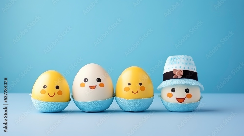 A cute Easter egg family character with hats and faces drawn. Easter holidays concept on blue background with copy space A cute Easter egg family character with hats and faces drawn. Easter holidays concept on blue background with copy space