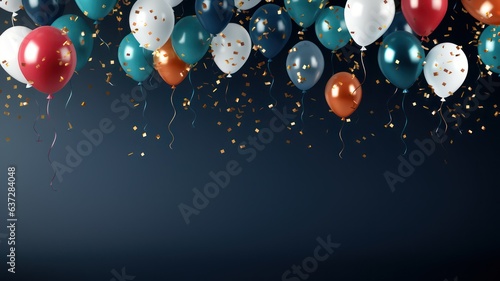Party decoration with confetti and ballons on black background created with Generative AI