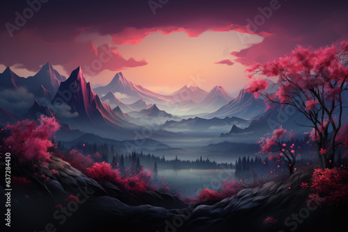Beautiful pastel purple mountain and forest background.