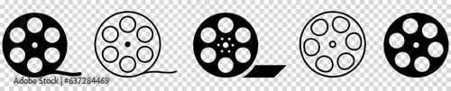Film reel icon set. Cinematography symbols. Vector illustration isolated on transparent background