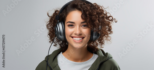 portrait of a woman listening music or podcast on headphones isolated on flat color background
