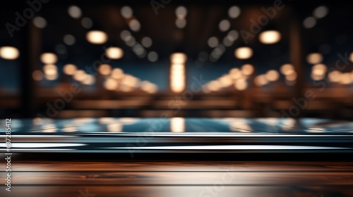 A front view of a luxurious silver metallic empty table for product placement  set against a dark  blurry city background  serves as a blank metallic table mockup 