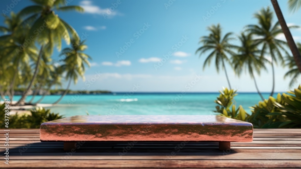 3D render empty luxury podium on blur beach tropical Caribbean background. 3D render empty luxury podium on blur beach tropical Caribbean background.