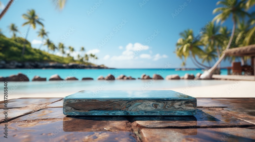 3D render empty luxury podium on blur beach tropical Caribbean  background. 