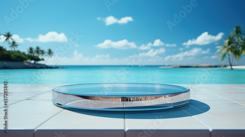 3D render empty luxury podium on blur beach tropical Caribbean background. 